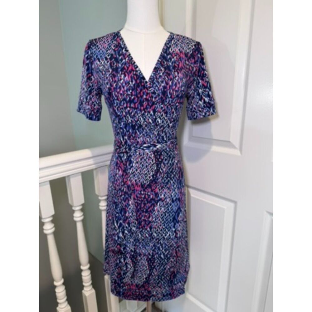 Womens Wrap Dress Navy Pink Abstract Print VNeck Short Sleeve Stretch Adjustable